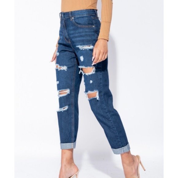 Blue High Waist Ripped Distressed Cuffed Boyfriend Jeans Denim Pants - Picture 11 of 13